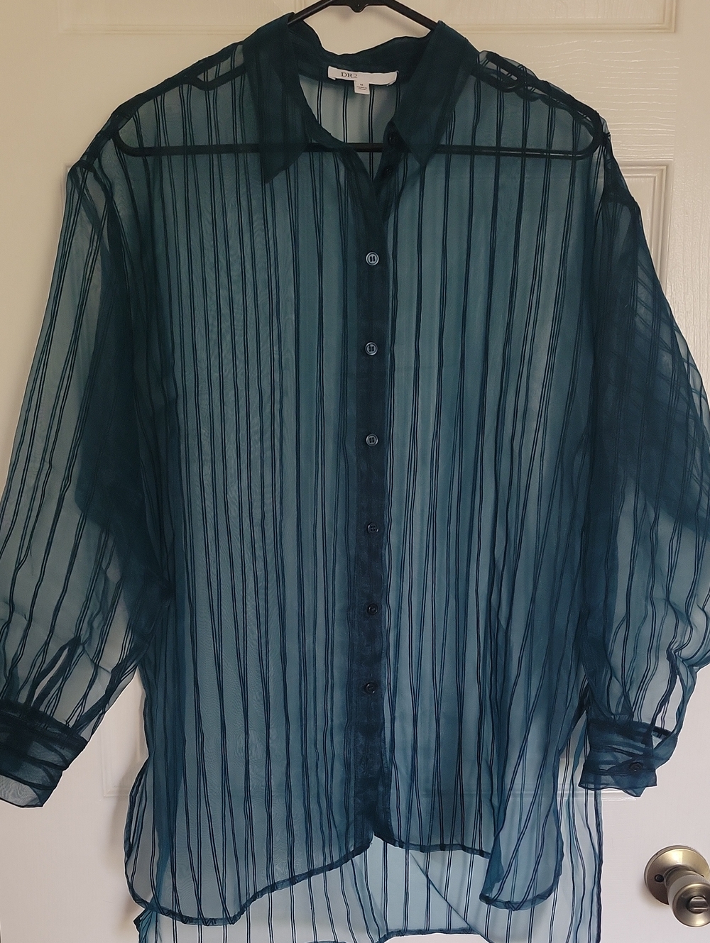 DR2 Teal Sheer Striped Button-Down Blouse